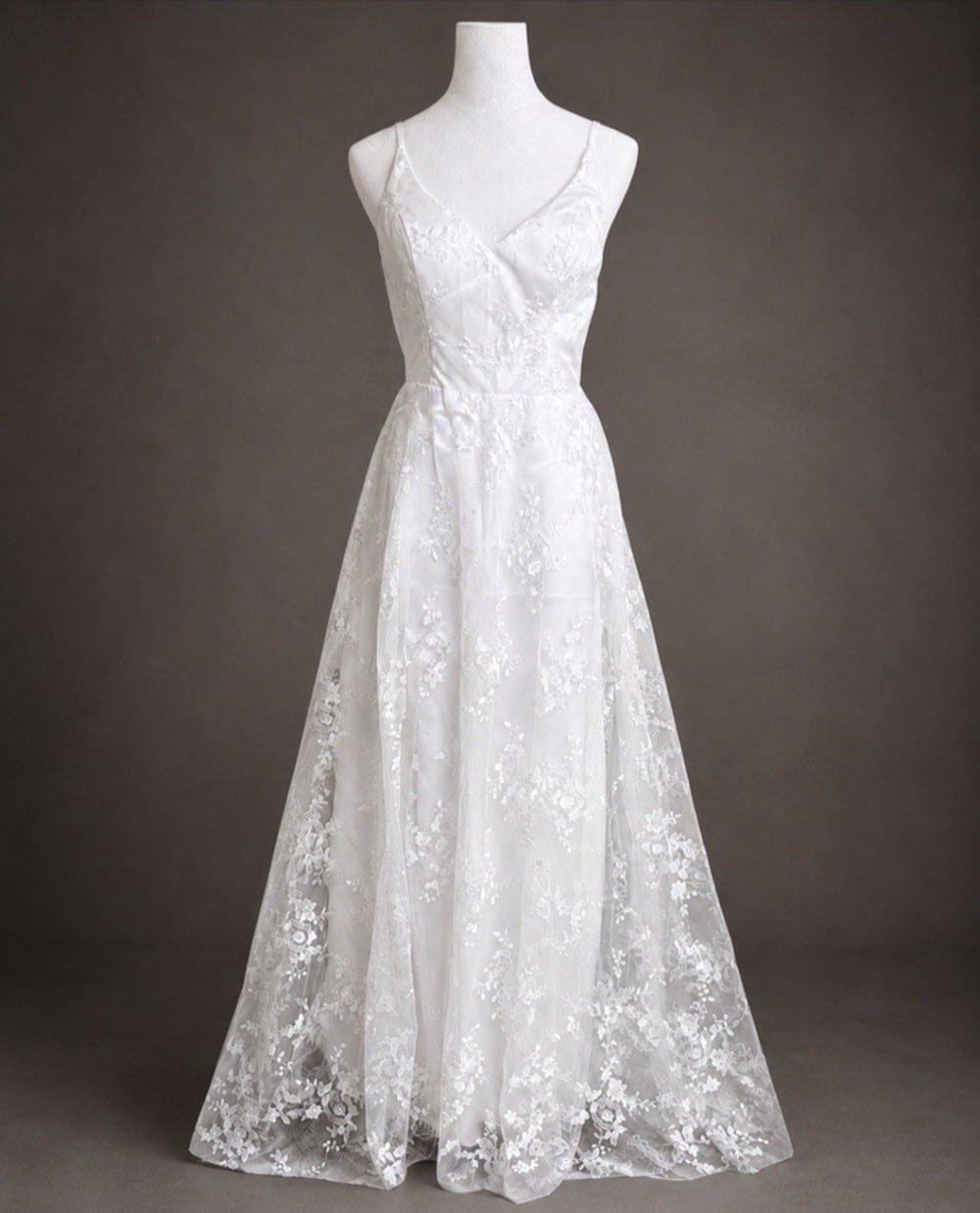 LAVETIR White Lace Applique A Line V Neck Slit Wedding Dress Bridal Gown Sz 8